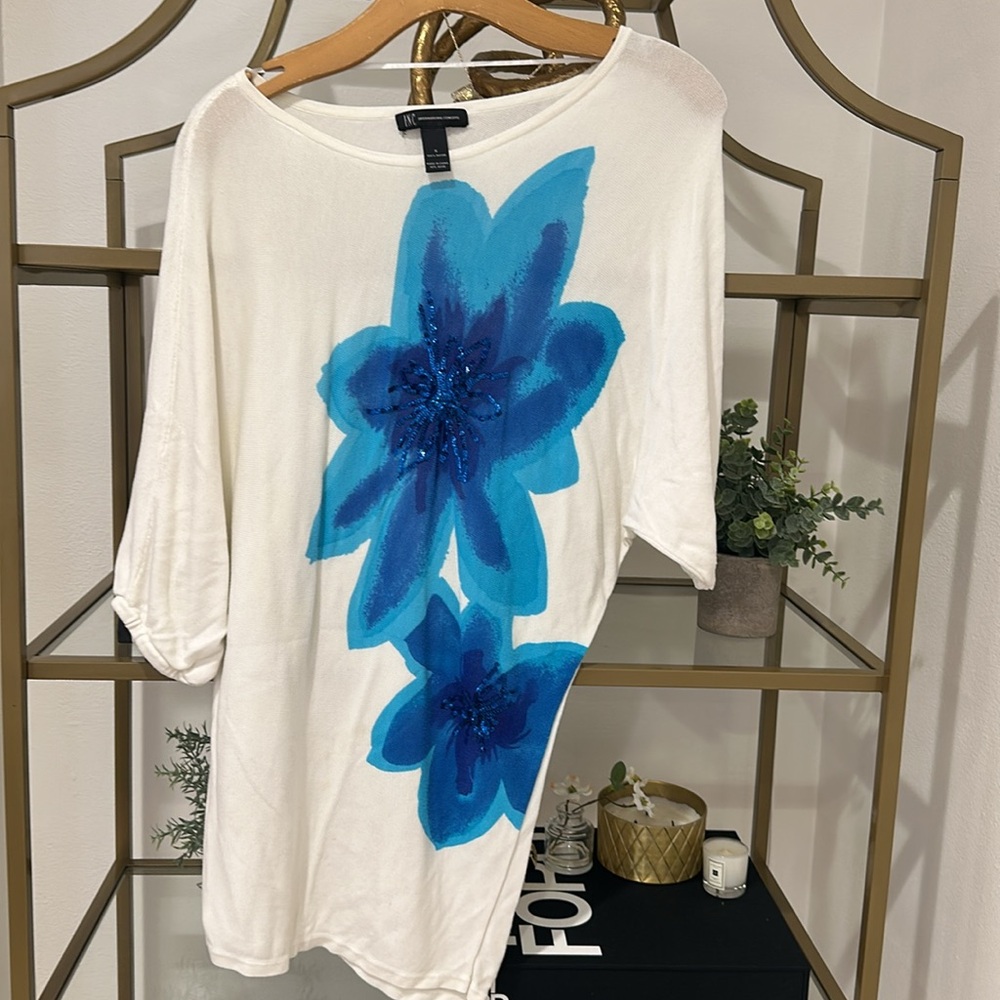Off the shoulder White Blouse with Blue Sequins Floral Design